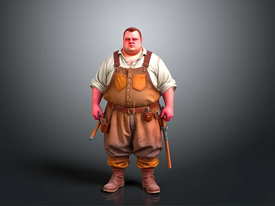 3D Fat Man Character In Suspenders White Shirt With Tool Belt Guns And Gray Background 3d model