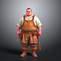 3D Fat Man Character In Suspenders White Shirt With Tool Belt Guns And Gray Background