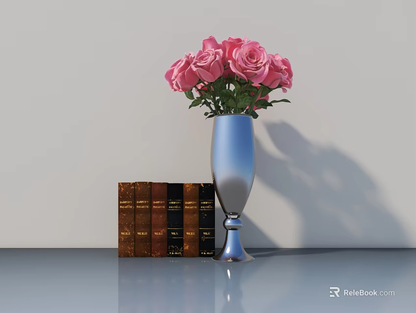 Silver Vase With Pink Roses And Brown Books On Sleek Surface Against Light Wall 3d model 