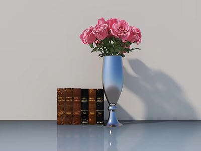 Silver Vase With Pink Roses And Brown Books On Sleek Surface Against Light Wall 3d model