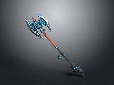 Mythical Fantasy Battle Axe With Blue Silver Decorative Design And Wooden Handle 3d model