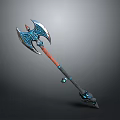 Mythical Fantasy Battle Axe With Blue Silver Decorative Design And Wooden Handle