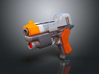 Futuristic Sci-Fi Handgun With Weathered Silver Gray Body Orange Grip And Red Lens 3d model