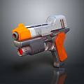Futuristic Sci-Fi Handgun With Weathered Silver Gray Body Orange Grip And Red Lens