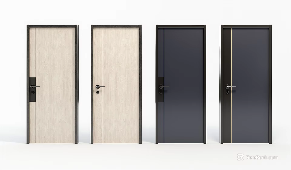 Modern Swing Doors In Various Colors With Wood Grain And Dark Design Handles And Locks 3d model 
