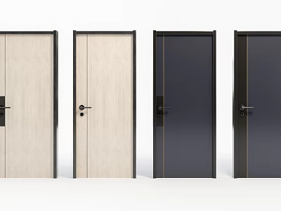Modern Swing Doors In Various Colors With Wood Grain And Dark Design Handles And Locks 3d model