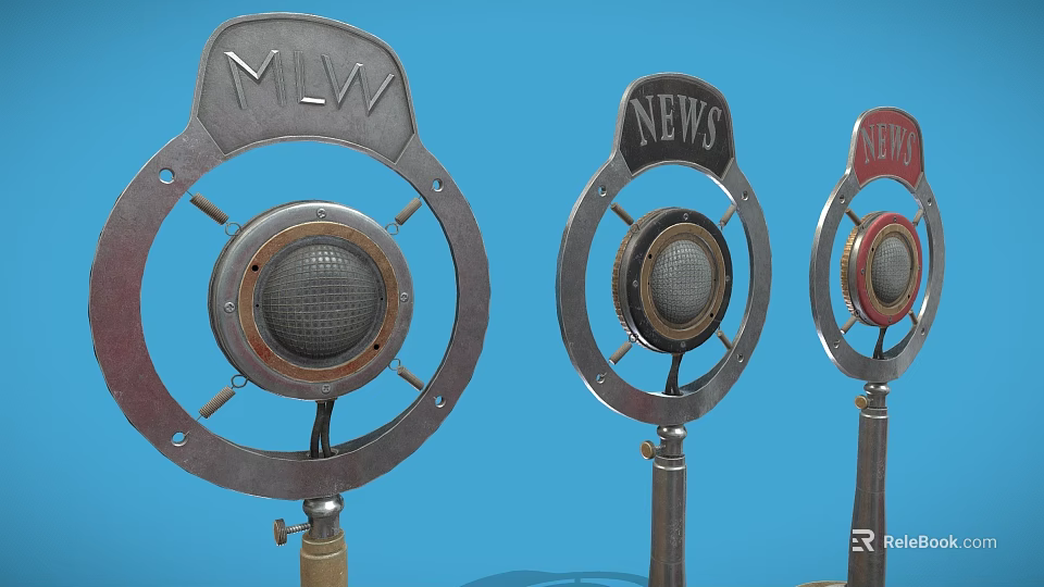 Vintage Headphone Speaker with Retro Microphone Design Metal Stand and MLW NEWS Labels 3d model 