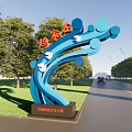 Blue Wave Design Entrance Gate With Trees On Both Sides And Cars On Road