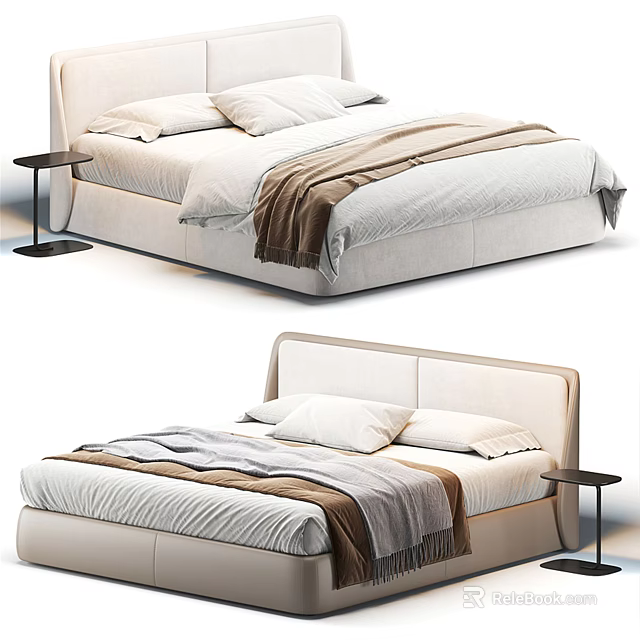 Modern Double Bed With Upholstered Headboard Soft Bedding And Nightstand 3d model
