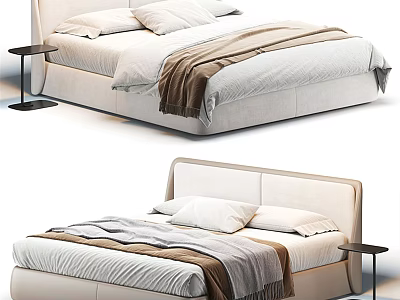 Modern Double Bed With Upholstered Headboard Soft Bedding And Nightstand 3d model