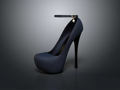 Dark Blue High Heel Shoes With Ankle Strap And Pearl Decoration 3d model