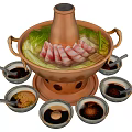 Traditional Copper Hot Pot Featuring Sliced Meat Fresh Vegetables And Sauce Bowls