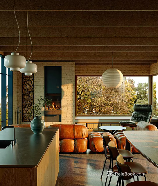 Modern Dining Living Room Interior With Pendant Lights And Leather Sofa 3d model 