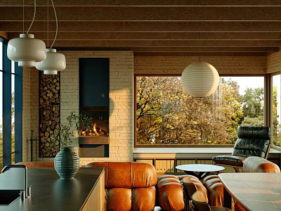 Modern Dining Living Room Interior With Pendant Lights And Leather Sofa 3d model