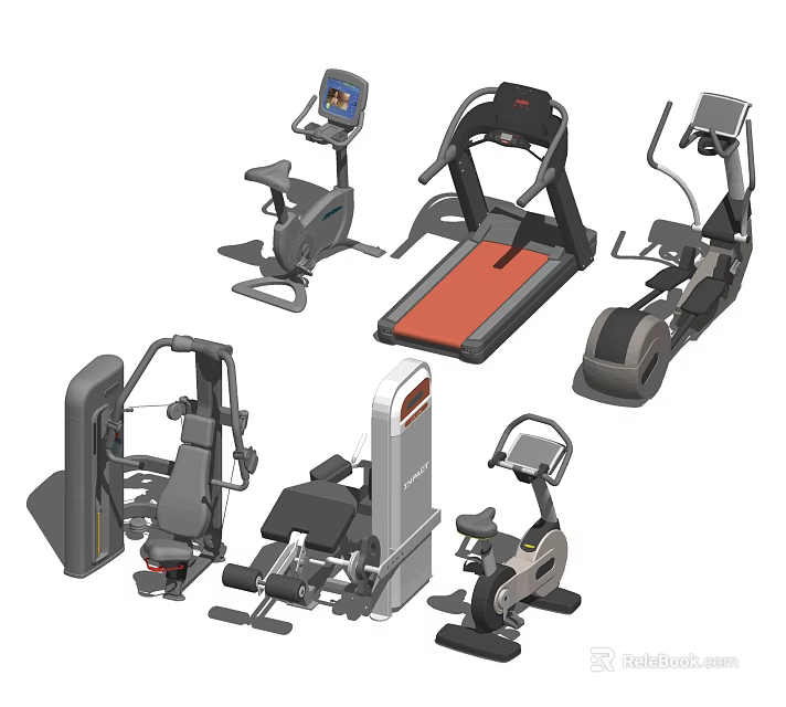 Different Types of Fitness Equipment Including Treadmill Elliptical and Strength Machines for Home Gym Training 3d model 