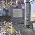 KTV Interior Design With Chandelier Colorful Dot Walls Sofas Round Tables And Drinks