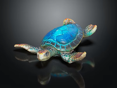 Vibrant Turtle with Blue Shell Green and Orange Limbs on Black Smooth Surface with Reflection 3d model