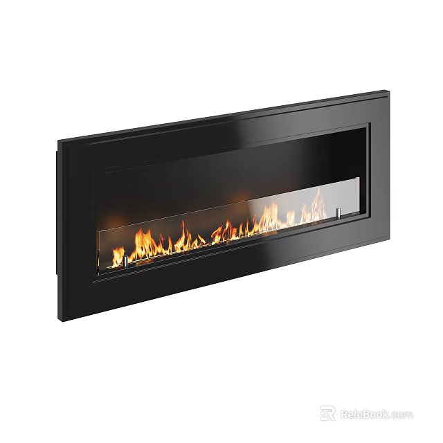 Wall Mounted Modern Black Fireplace With Glass Front And Burning Flames 3d model