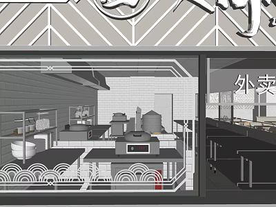 Restaurant Open Kitchen Interior With Cooking Equipment Shelves And Takeout Counter 3d model