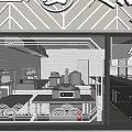 Restaurant Open Kitchen Interior With Cooking Equipment Shelves And Takeout Counter