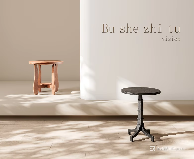 Wooden and Black Stools in Indoor Space with Natural Light and Shadow Patterns 3d model 