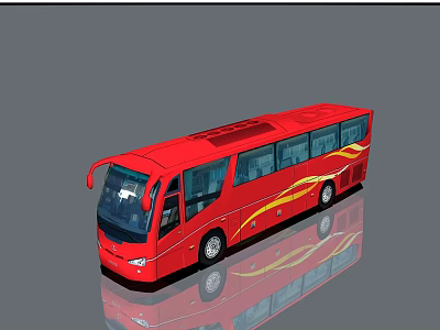 Red Bus with Yellow Decorative Stripes and Windows Parked on Gray Background with Reflection 3d model