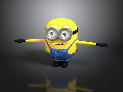 Yellow Minion Character With Goggles Blue Overalls Outstretched Arms Black Shoes And Reflective Surface 3d model