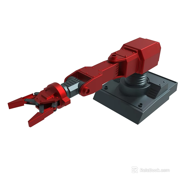 Red Robotic Arm With Mechanical Claw And Stable Black Base Structure 3d model