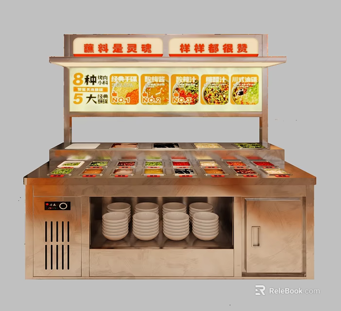 Stainless Steel Buffet Cabinet With Multiple Food Compartments Plate Storage And Sauce Selection 3d model 