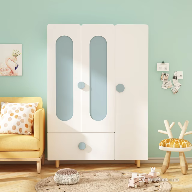 Modern White Wardrobe With Glass Doors And Blue Handles In Light Green Kids Room Interior 3d model 
