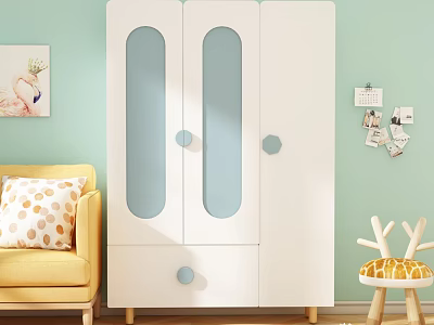 Modern White Wardrobe With Glass Doors And Blue Handles In Light Green Kids Room Interior 3d model