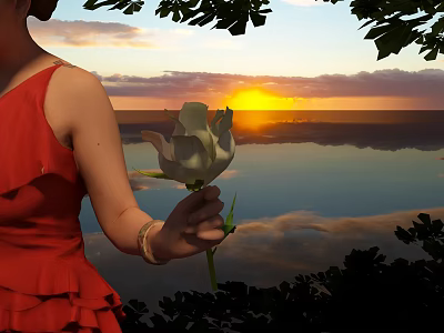 Beautiful White Flower Held In Red Dress Against Sunset Sky Water Surface With Green Leaves 3d model