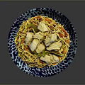 Appetizing Noodles With Chicken Pieces In Blue And White Patterned Bowl
