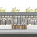 Modern Stone Wood Building Exterior With Large Glass Windows And Outdoor Seating