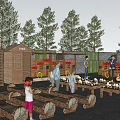 Rural Landscape With Natural Classroom Wooden Structures And Children Outdoor Activities