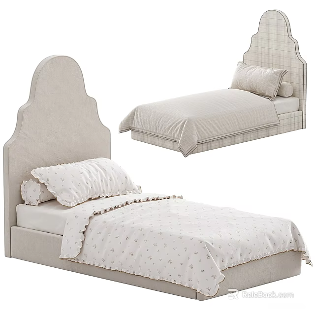 Children's Bed with Arched Headboard Light Colored Soft Patterned Bedding Cozy Design 3d model 