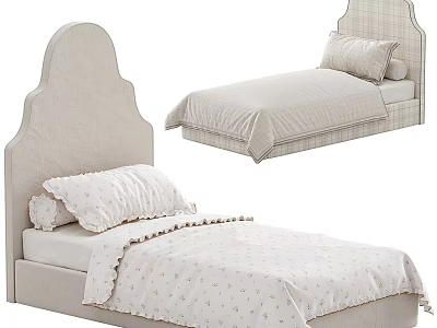 Children's Bed with Arched Headboard Light Colored Soft Patterned Bedding Cozy Design 3d model