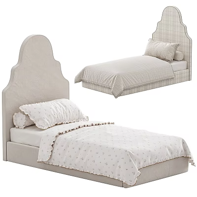 Children's Bed with Arched Headboard Light Colored Soft Patterned Bedding Cozy Design 3d model