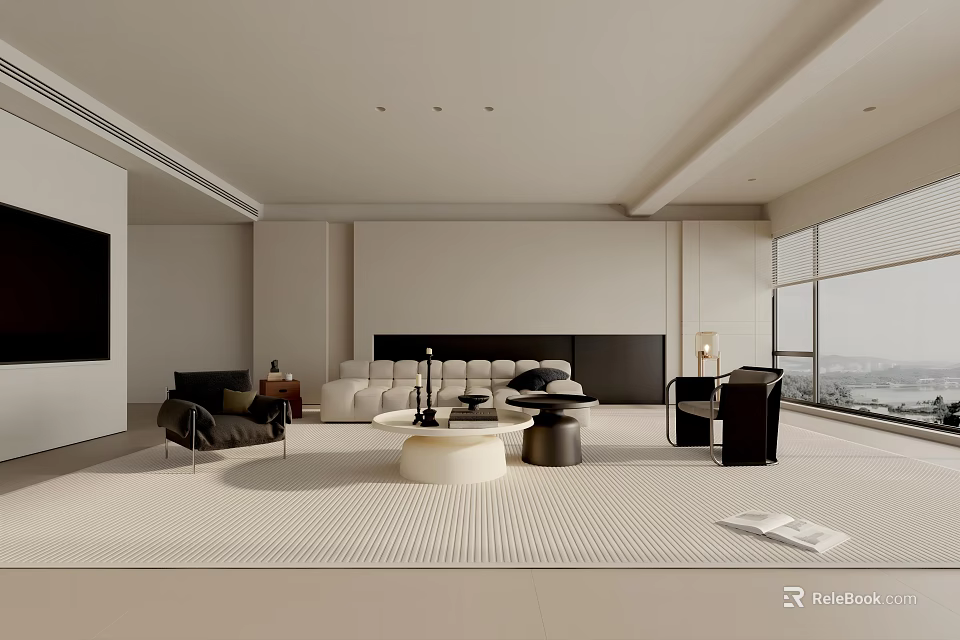 Modern Living Room Interior With Large Windows City View Sofa And Armchairs 3d model 