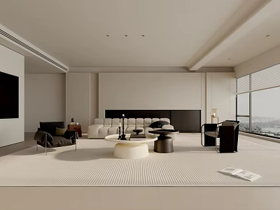 Modern Living Room Interior With Large Windows City View Sofa And Armchairs 3d model