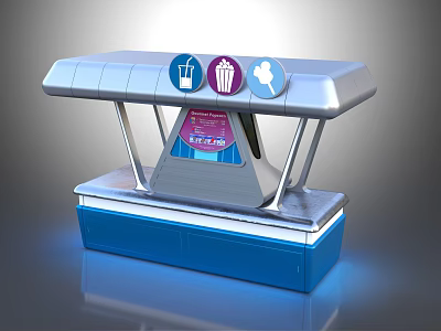 Cartoon Scene Blue And Silver Kiosk Featuring Drink Popcorn Ice Cream Icons And Exclusive Sign 3d model