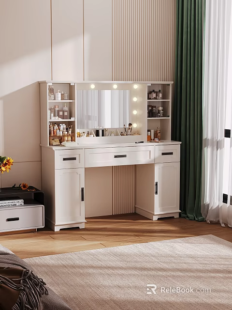 Modern White Dressing Table With Lighted Mirror Drawers Cabinets And Cosmetics 3d model