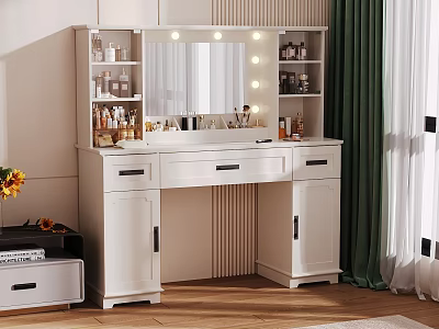 Modern White Dressing Table With Lighted Mirror Drawers Cabinets And Cosmetics 3d model