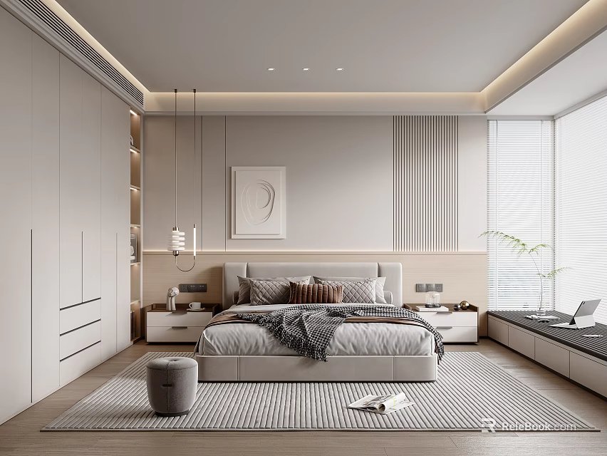 Modern Bedroom Interior Design With Large Bed Artwork Nightstands Table Lamps Rug And Window 3d model 