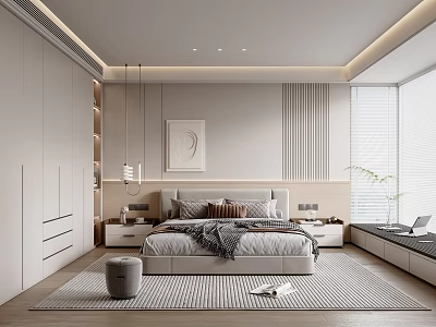 Modern Bedroom Interior Design With Large Bed Artwork Nightstands Table Lamps Rug And Window 3d model