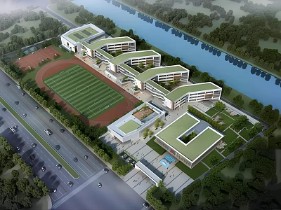 Modern School Buildings with Green Roofs Adjacent to Sports Field River Surrounded by Trees and Roads 3d model