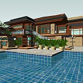 Modern Illuminated Detached Villa Featuring Swimming Pool Trees Large Windows Terrace And Reflections 3d model