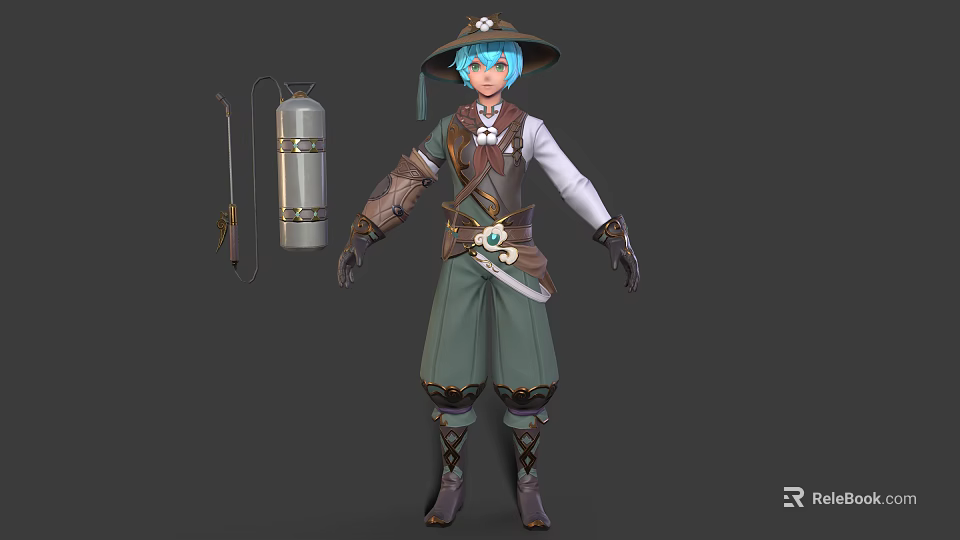 Fantasy Character With Blue Hair Hat Green Pants Sword And Gas Cylinder Tool 3d model 