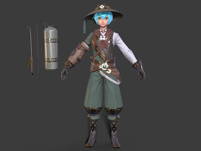 Fantasy Character With Blue Hair Hat Green Pants Sword And Gas Cylinder Tool 3d model