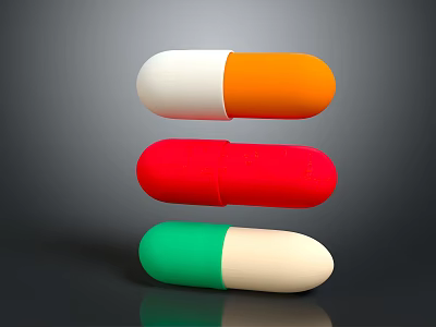 Stacked Medical Capsules in Orange White Red and Green Colors for Pharmaceutical Applications 3d model
